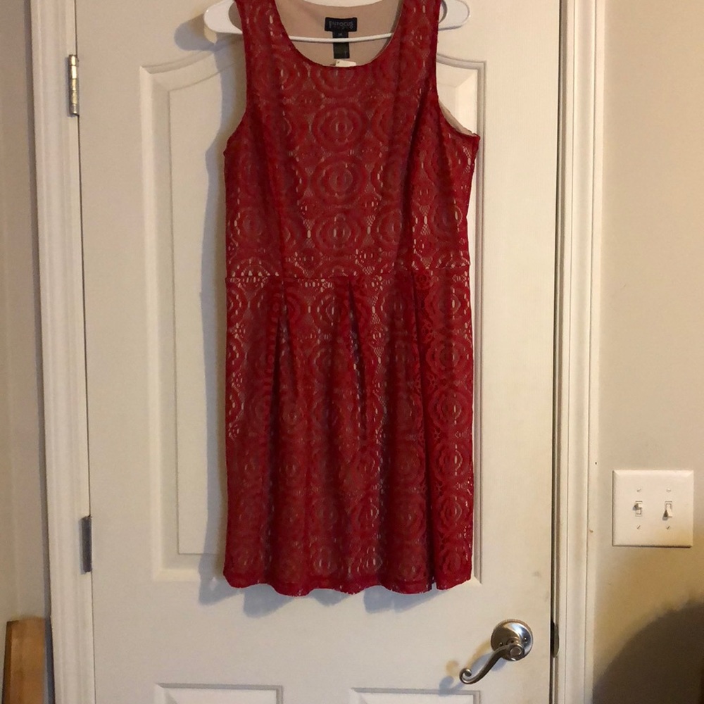 RED SLEEVES LACE WITH NUDE SLIP UNDER IT